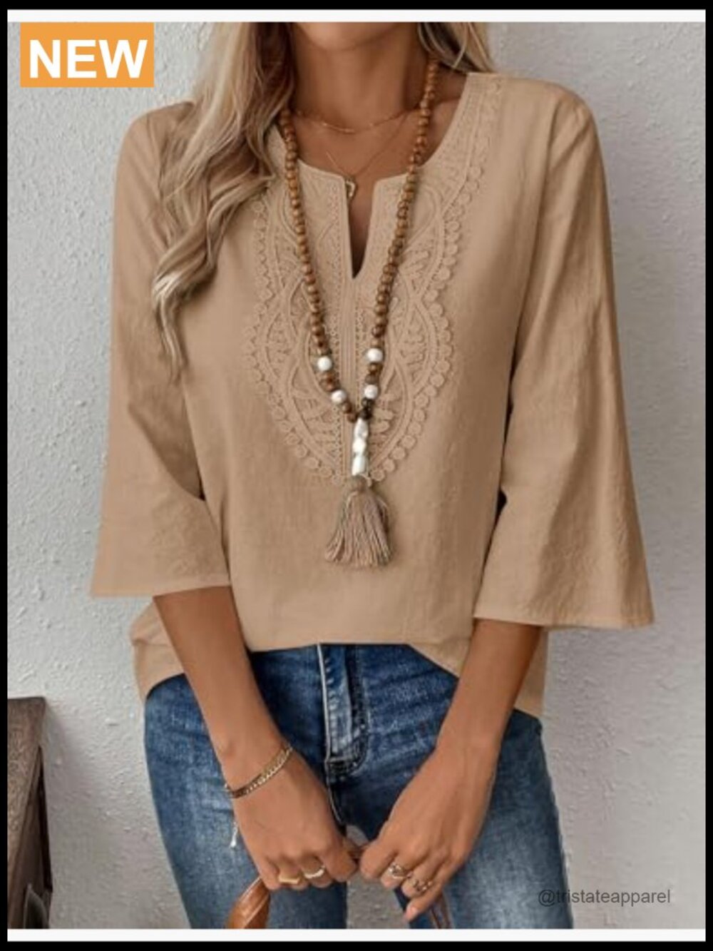 Womens 3/4 Sleeve Tunic Top Cotton Linen V Neck Lace Loose Fit Boho Blouse - Picture 2 of 5